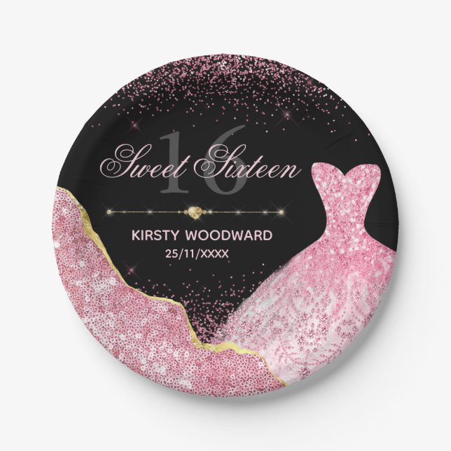 Pink Watercolor Dress Glam Edge Sweet 16 Birthday Pappteller (Vorderseite)