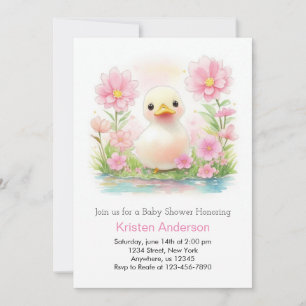 Pink Watercolor Duckling Whimsy Girl Babydusche Einladung