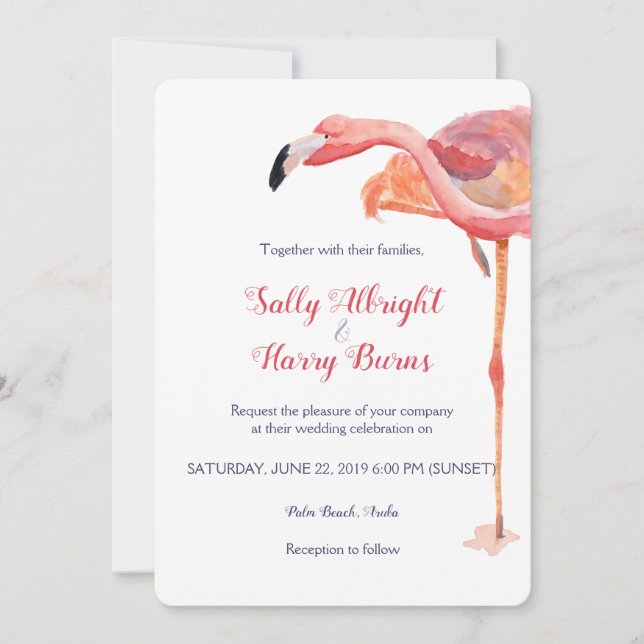 Pink Watercolor Flamingo Beach Hochzeit Einladung (Vorderseite)