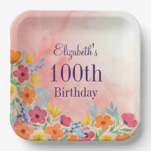 Pink Watercolor Floral 100. Geburtstag Papier Tell Pappteller
