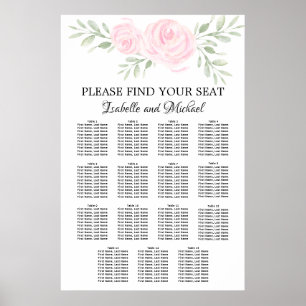 Pink Watercolor Floral 15-Table Seating Chart Poster