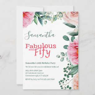 Pink Watercolor Floral 50. Geburtstagsparty Einladung