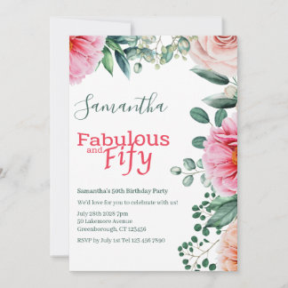 Pink Watercolor Floral 50. Geburtstagsparty Einladung