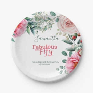 Pink Watercolor Floral 50. Geburtstagsparty Pappteller