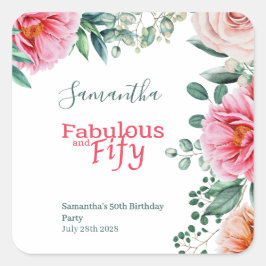 Pink Watercolor Floral 50. Geburtstagsparty Quadratischer Aufkleber
