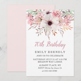 Pink Watercolor Floral 70. Geburtstagsparty Einlad Einladung