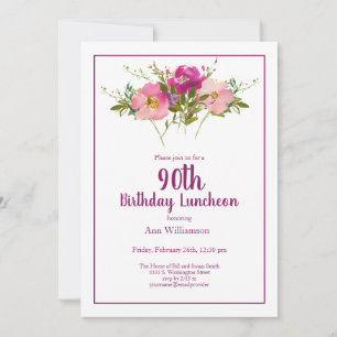 Pink Watercolor Floral 90. Geburtstag Einladung