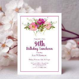 Pink Watercolor Floral 90. Geburtstag Einladung