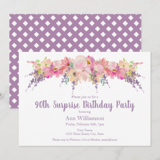 Pink Watercolor Floral 90. Überraschung Geburtstag Einladung