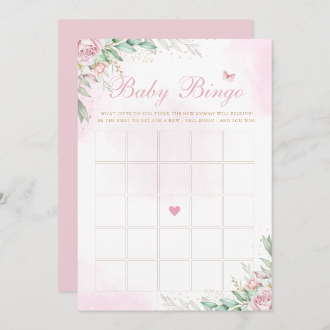 Pink Watercolor Floral Baby Dusche Bingo Spiel Einladung (Vorne/Hinten)