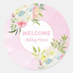 Pink Watercolor Floral Baby Dusche individuell ein Runder Aufkleber