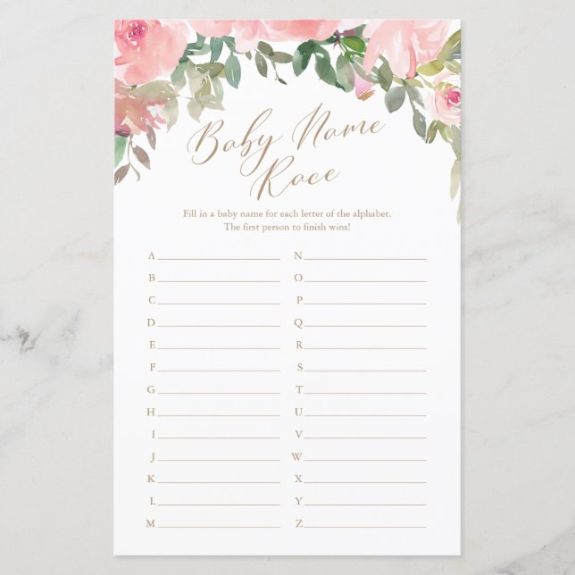 Pink Watercolor Floral Baby Name Race Game (Vorderseite)