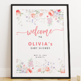 Pink watercolor floral baby shower welcome sign poster