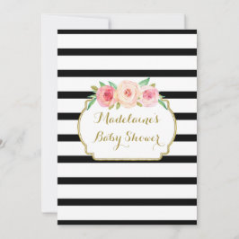 Pink Watercolor Floral Black Stripes Babydusche Einladung