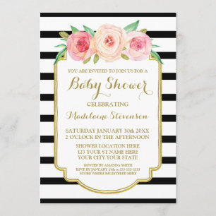 Pink Watercolor Floral Black Stripes Babydusche Einladung