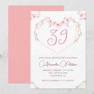 Pink Watercolor Floral Boho 39. Geburtstag  Einladung