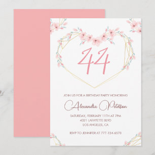 Pink Watercolor Floral Boho 44. Geburtstag  Einladung