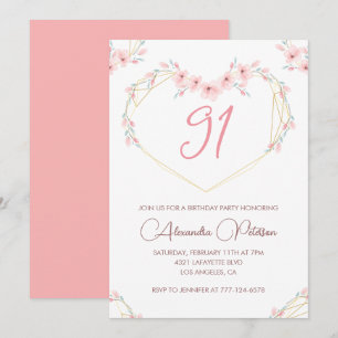 Pink Watercolor Floral Boho 91. Geburtstag Einladung