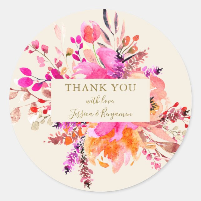 Pink Watercolor Floral Bouquet Wedelname Custom Runder Aufkleber (Vorderseite)