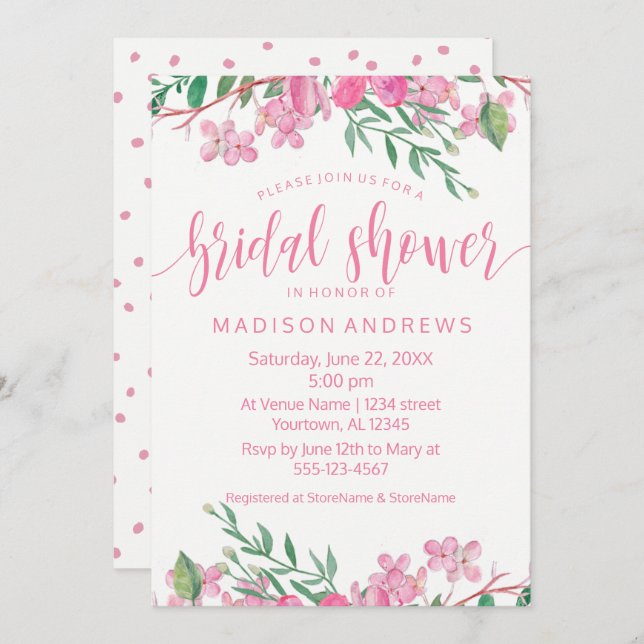 Pink Watercolor Floral Bridal Shower Einladung (Vorne/Hinten)