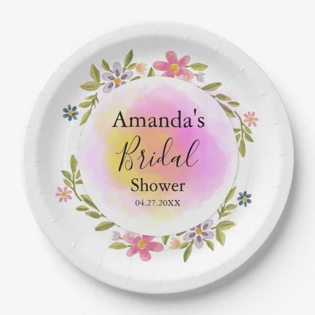 Pink Watercolor Floral Bridal Shower Pappteller (Vorderseite)