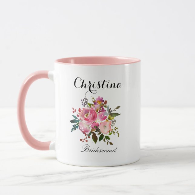 Pink Watercolor Floral Bridesmaid Tasse (Links)