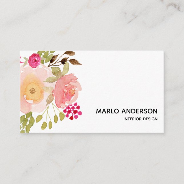 Pink Watercolor Floral Business Card Visitenkarte (Vorderseite)
