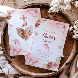 Pink Watercolor Floral Butterfly Foto Taufe Einladung