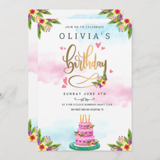 Pink Watercolor Floral Cake Geburtstag Einladung