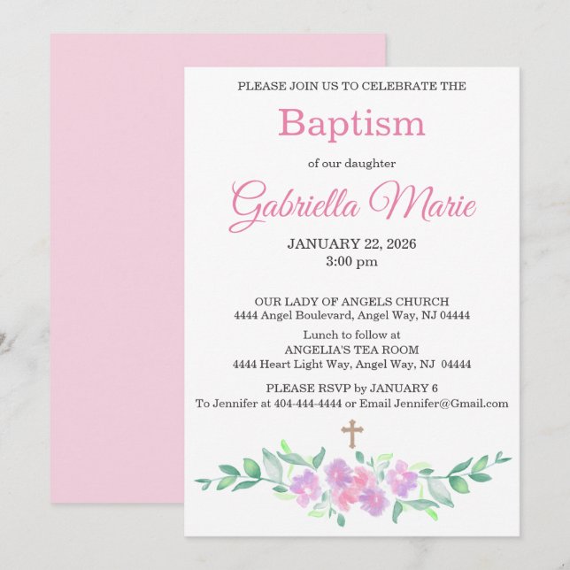 Pink Watercolor Floral Cross Baptism Invitation Einladung (Vorne/Hinten)