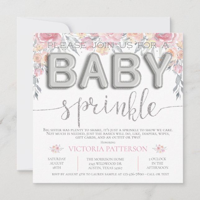 Pink Watercolor Floral Foil Balloon Baby Sprinkle Einladung (Vorderseite)
