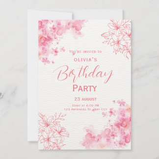 Pink Watercolor Floral Geburtstag einladen Einladung