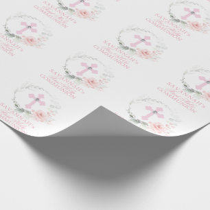 Pink Watercolor Floral Girl Erste heilige Kommune  Geschenkpapier