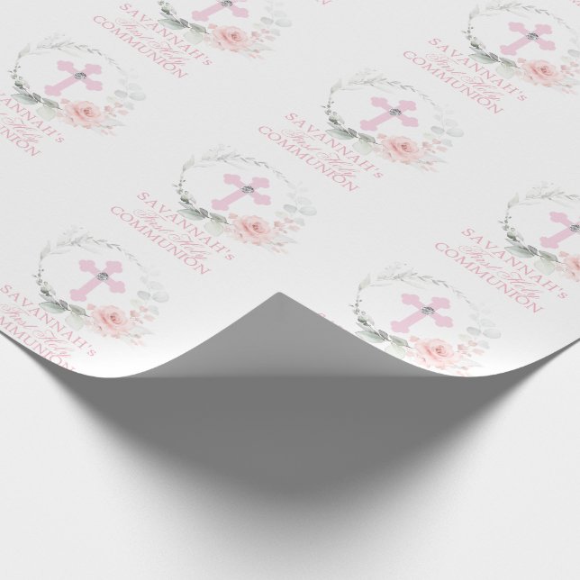 Pink Watercolor Floral Girl Erste heilige Kommune  Geschenkpapier (Ecke)