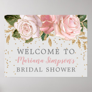 Pink Watercolor Floral Gold Glitter Welcome Sign Poster