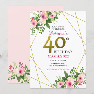 Pink Watercolor Floral Gold Glitzer 40. Geburtstag Einladung
