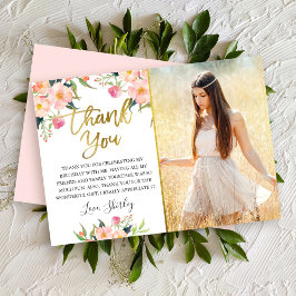 Pink Watercolor Floral Gold Script Geburtstag Foto Dankeskarte