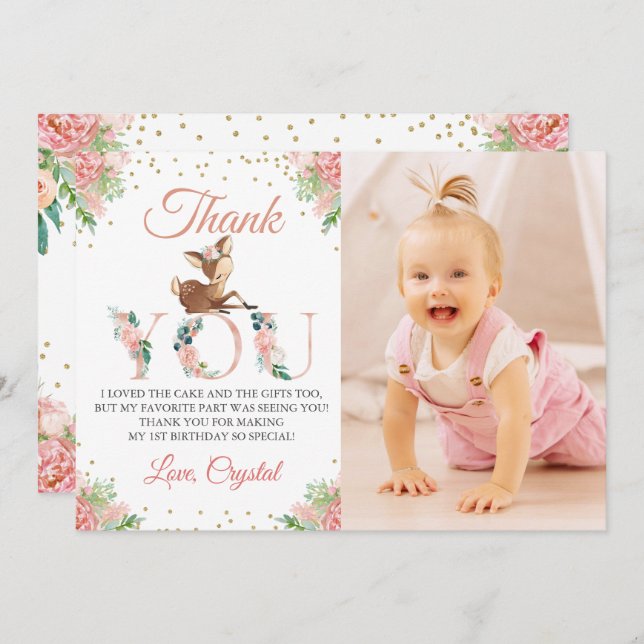 Pink Watercolor Floral Little Deer Birthday Foto Dankeskarte (Vorne/Hinten)