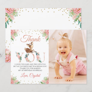 Pink Watercolor Floral Little Deer Birthday Foto Dankeskarte