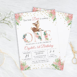 Pink Watercolor Floral Little Deer First Birthday Einladung