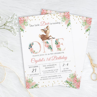 Pink Watercolor Floral Little Deer First Birthday Einladung