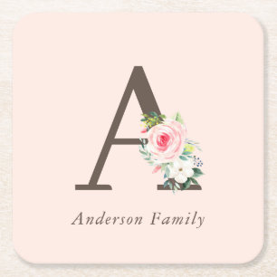Pink Watercolor Floral Monogram Rechteckiger Pappuntersetzer