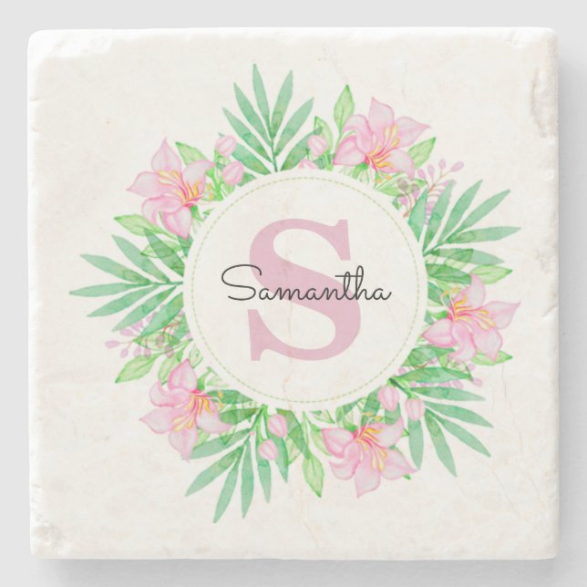 Pink Watercolor Floral Monogram Steinuntersetzer (Vorderseite)