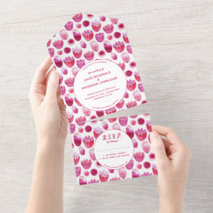 Pink Watercolor Floral Muster Hochzeit All In One Einladung