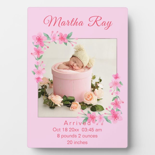 Pink Watercolor Floral New Baby Foto Plaque Fotoplatte (Vorderseite)