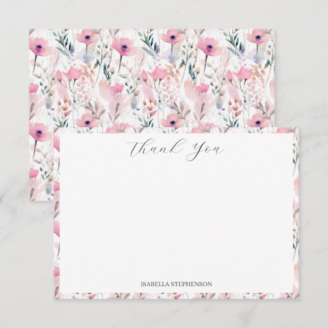 Pink Watercolor Floral Pattern Vielen Dank Dankeskarte (Vorne/Hinten)