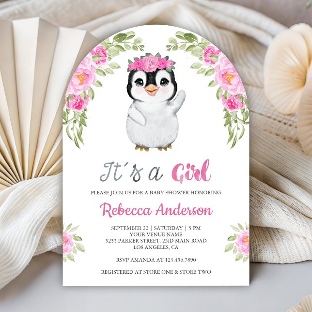 Pink Watercolor Floral Penguin Baby Shower Einladung (Von Creator hochgeladen)