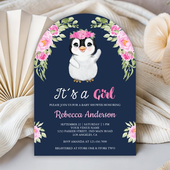Pink Watercolor Floral Penguin Navy Baby Shower Einladung (Von Creator hochgeladen)