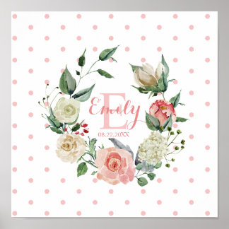 Pink Watercolor Floral Polka Dots Girl Kinderzimme Poster