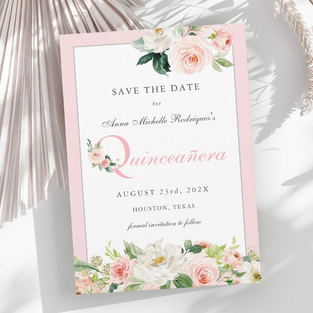 Pink Watercolor Floral Quinceañera Save the Date (Available in printed and digital download formats.)